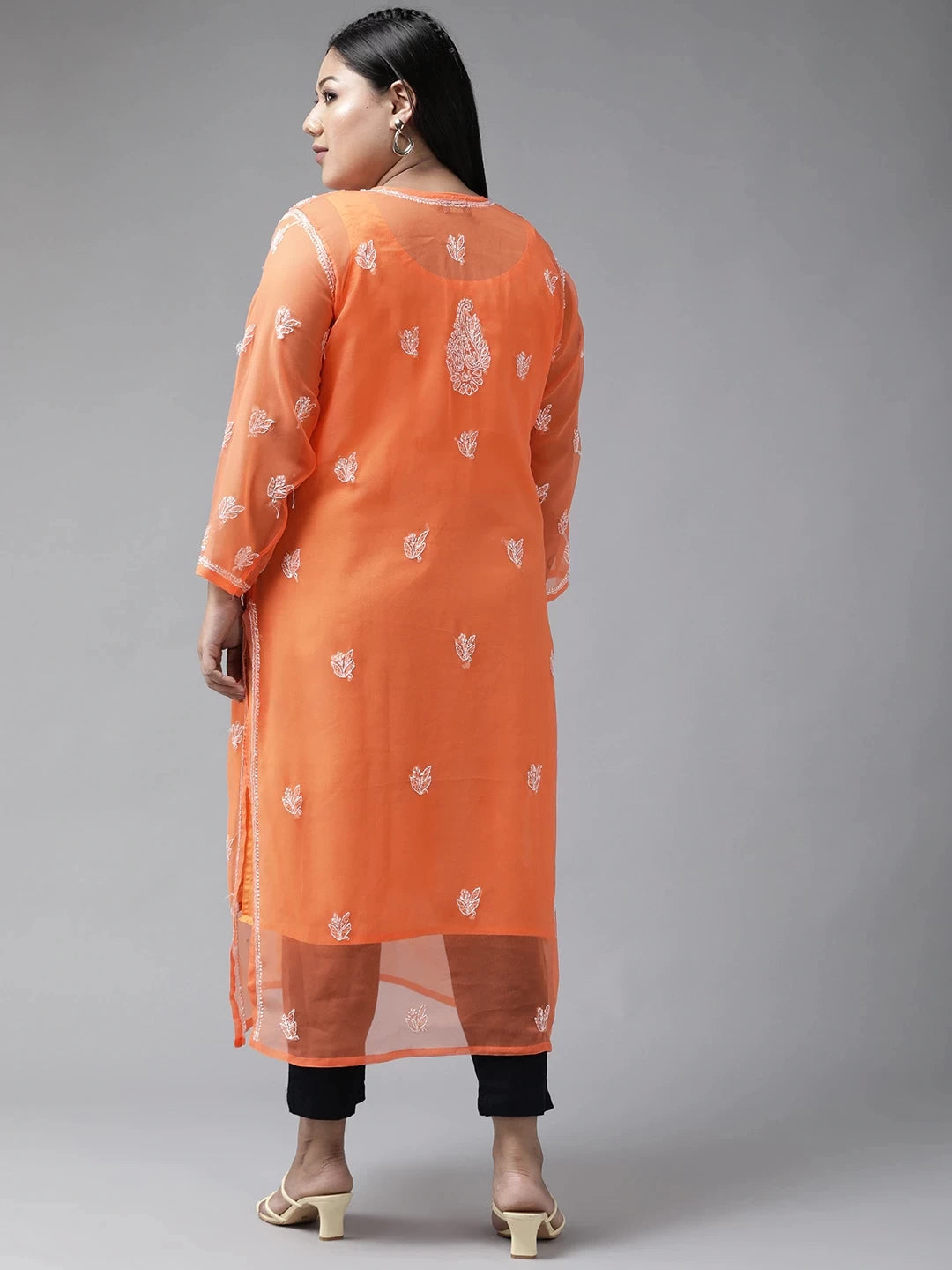 Ada Hand Embroidered Rust Georgette Lucknowi Chikankari Straight Kurta With Slip A411156
