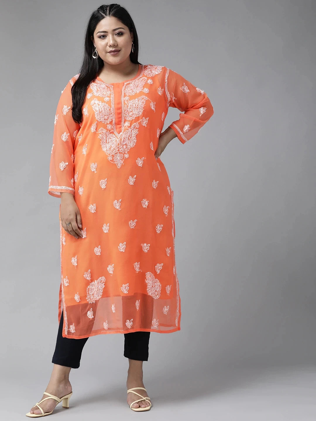 Ada Hand Embroidered Rust Georgette Lucknowi Chikankari Straight Kurta With Slip A411156