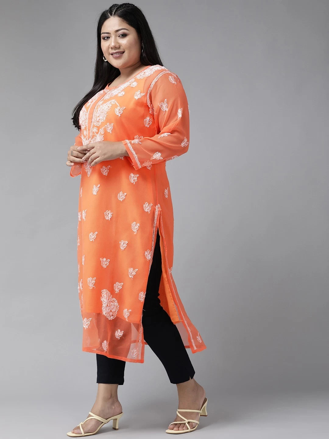 Ada Hand Embroidered Rust Georgette Lucknowi Chikankari Straight Kurta With Slip A411156