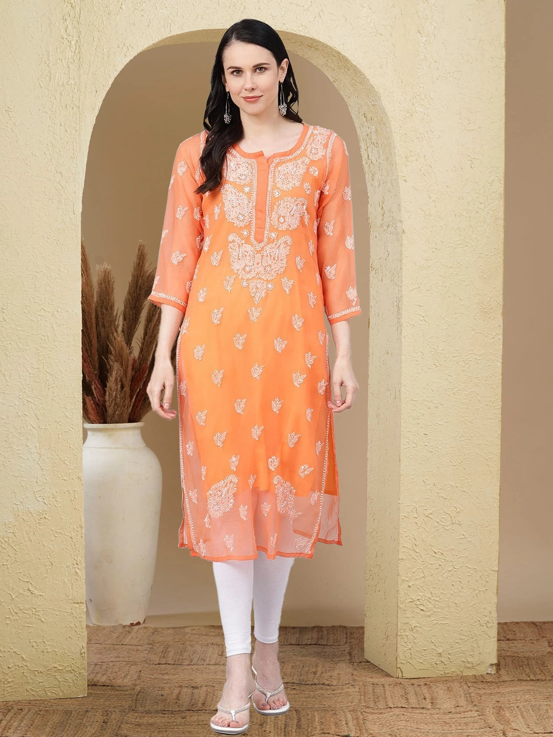 Ada Hand Embroidered Rust Georgette Lucknowi Chikankari Straight Kurta With Slip A411156