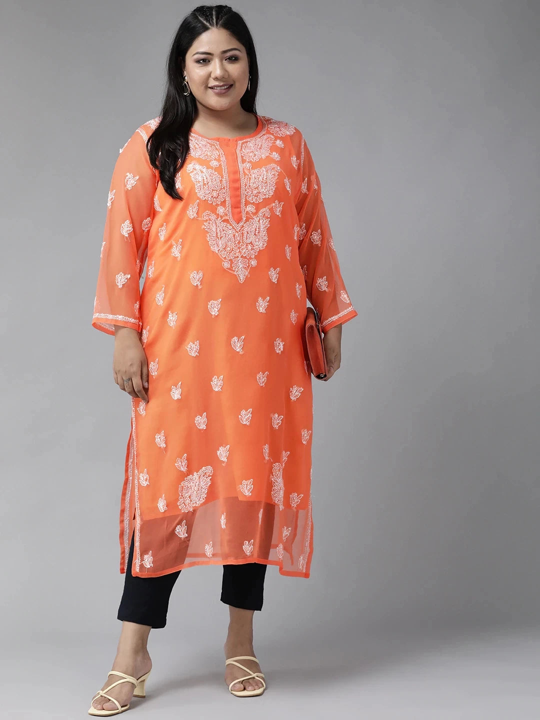 Ada Hand Embroidered Rust Georgette Lucknowi Chikankari Straight Kurta With Slip A411156