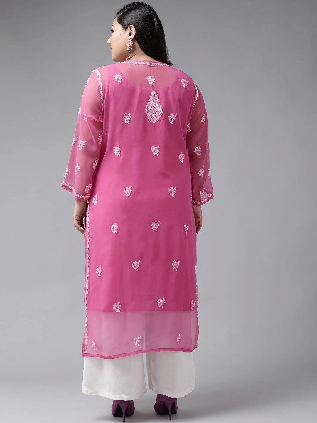 Ada Hand Embroidered Onion Pink Georgette Lucknowi Chikankari Straight Kurti With Slip A411159