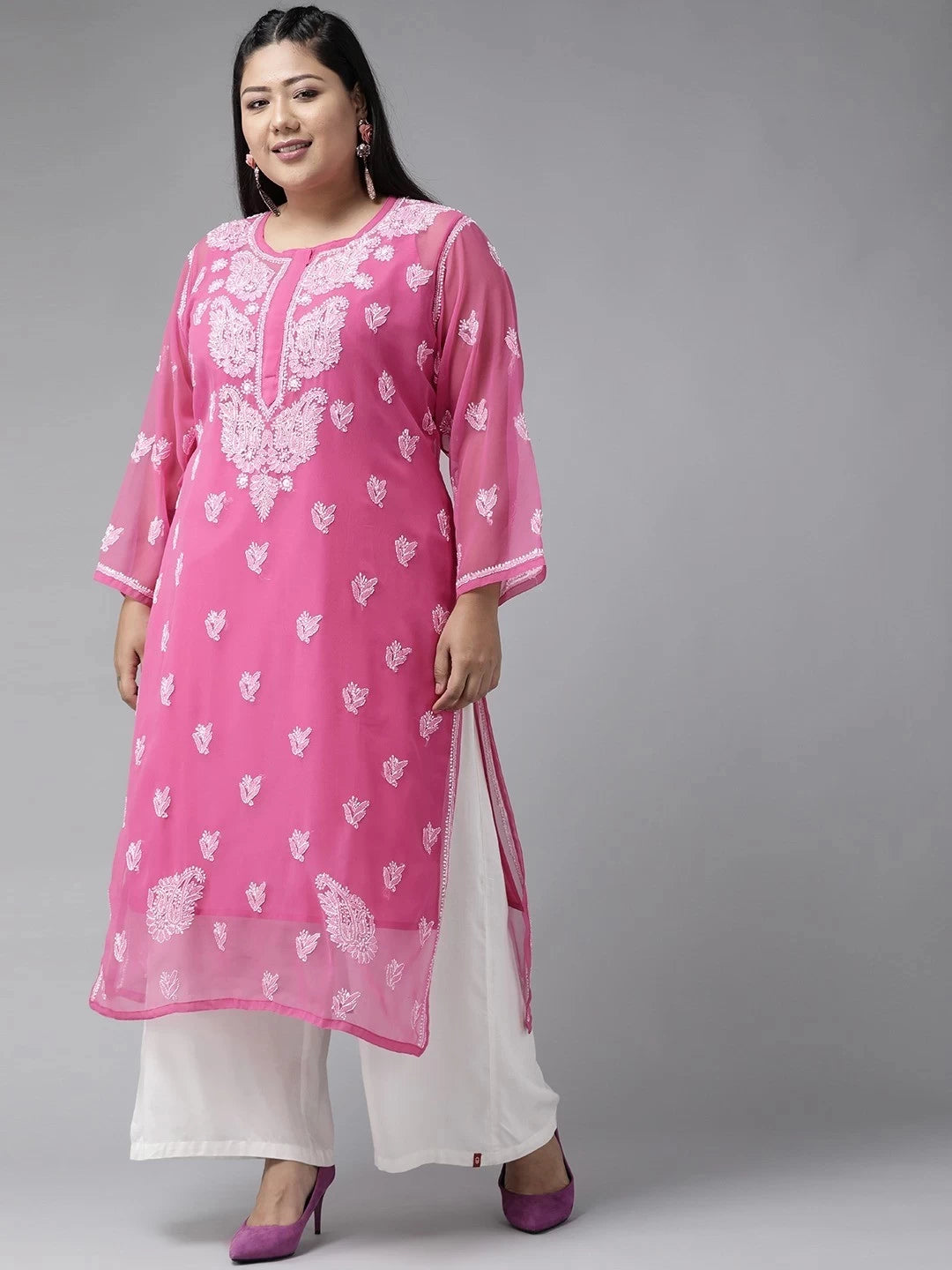 Ada Hand Embroidered Onion Pink Georgette Lucknowi Chikankari Straight Kurti With Slip A411159