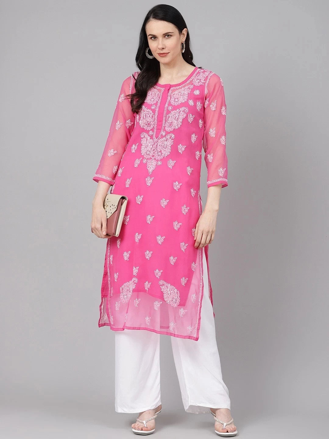 Ada Hand Embroidered Onion Pink Georgette Lucknowi Chikankari Straight Kurti With Slip A411159