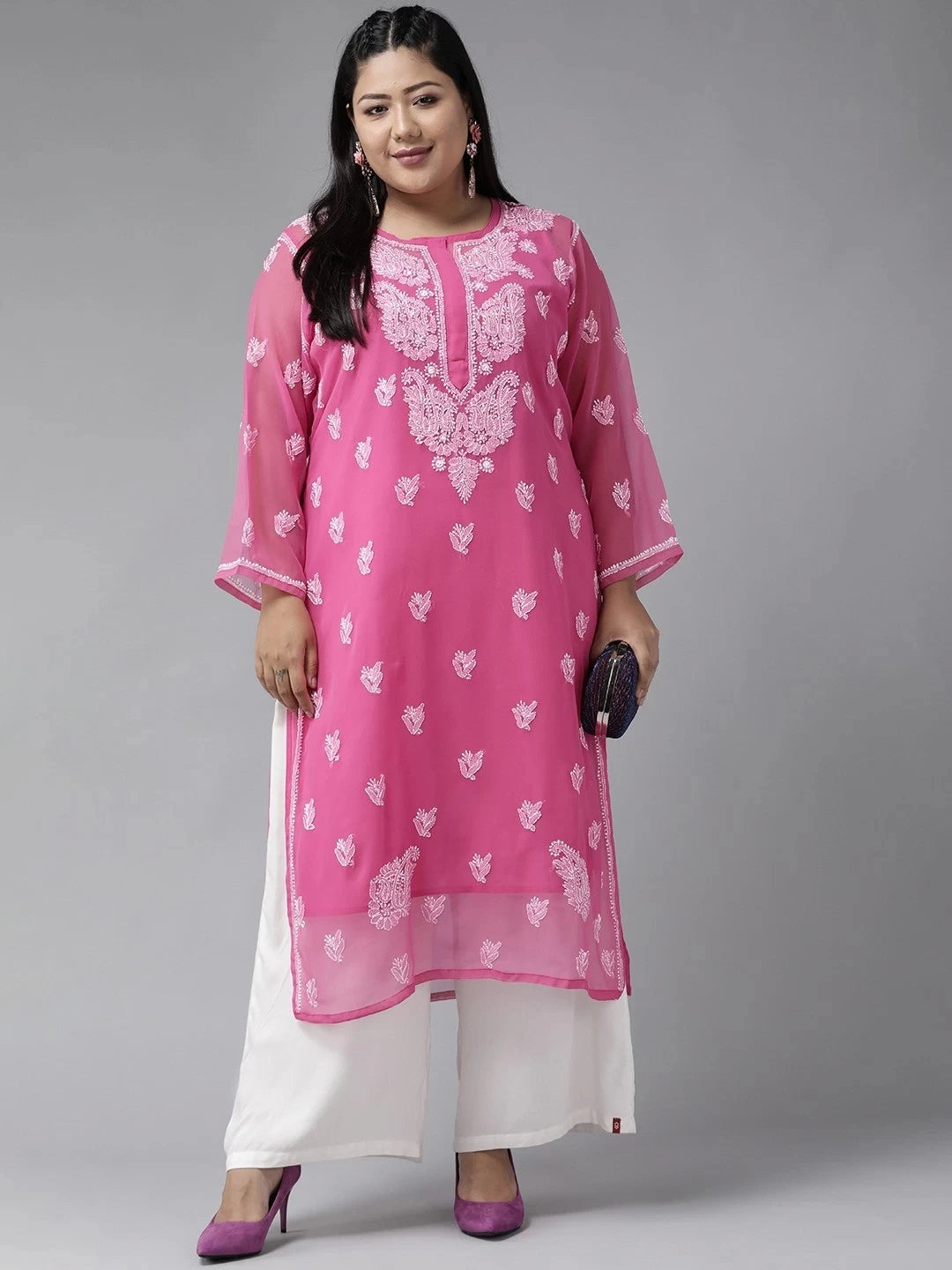 Ada Hand Embroidered Onion Pink Georgette Lucknowi Chikankari Straight Kurti With Slip A411159