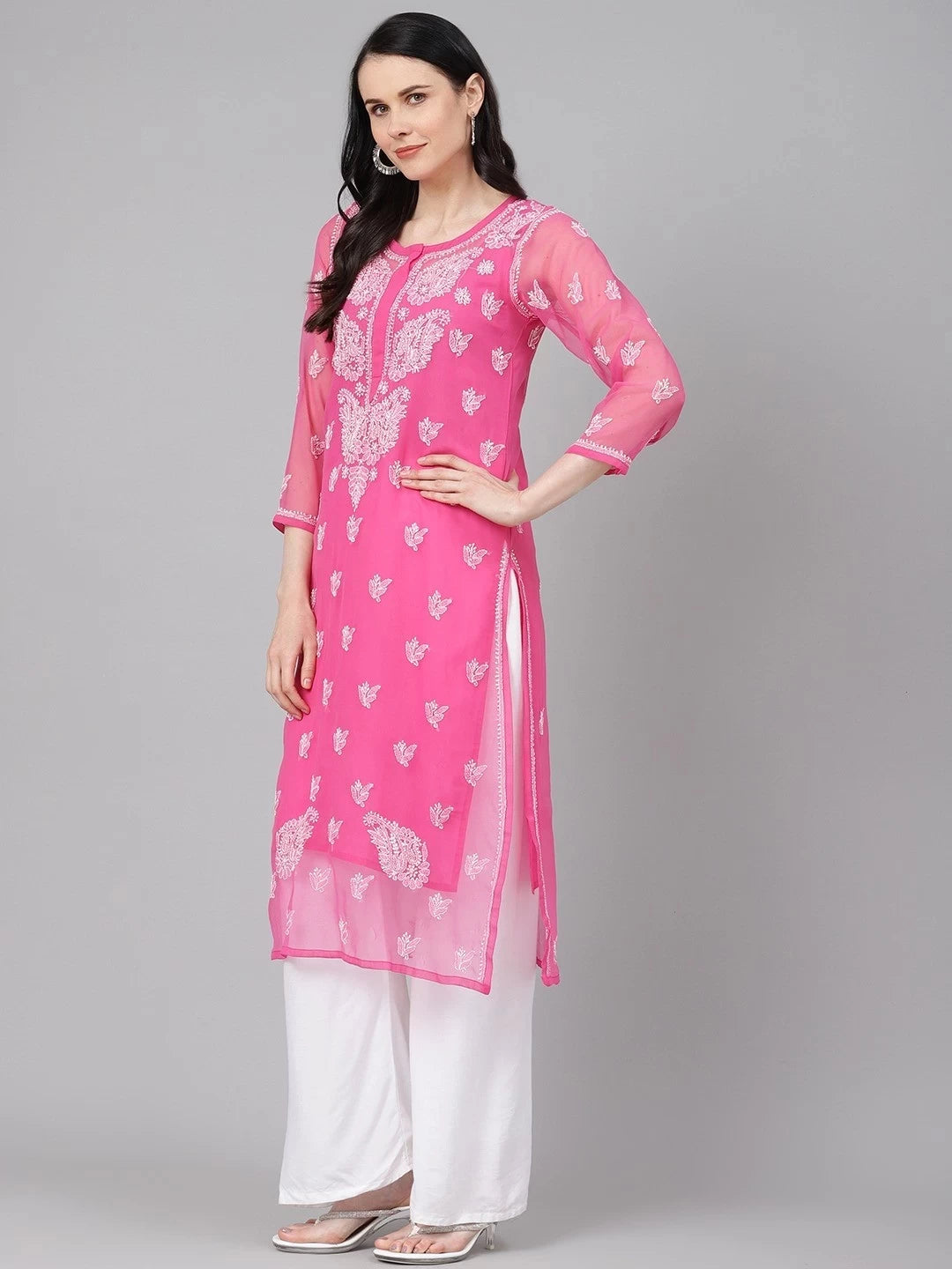 Ada Hand Embroidered Onion Pink Georgette Lucknowi Chikankari Straight Kurti With Slip A411159
