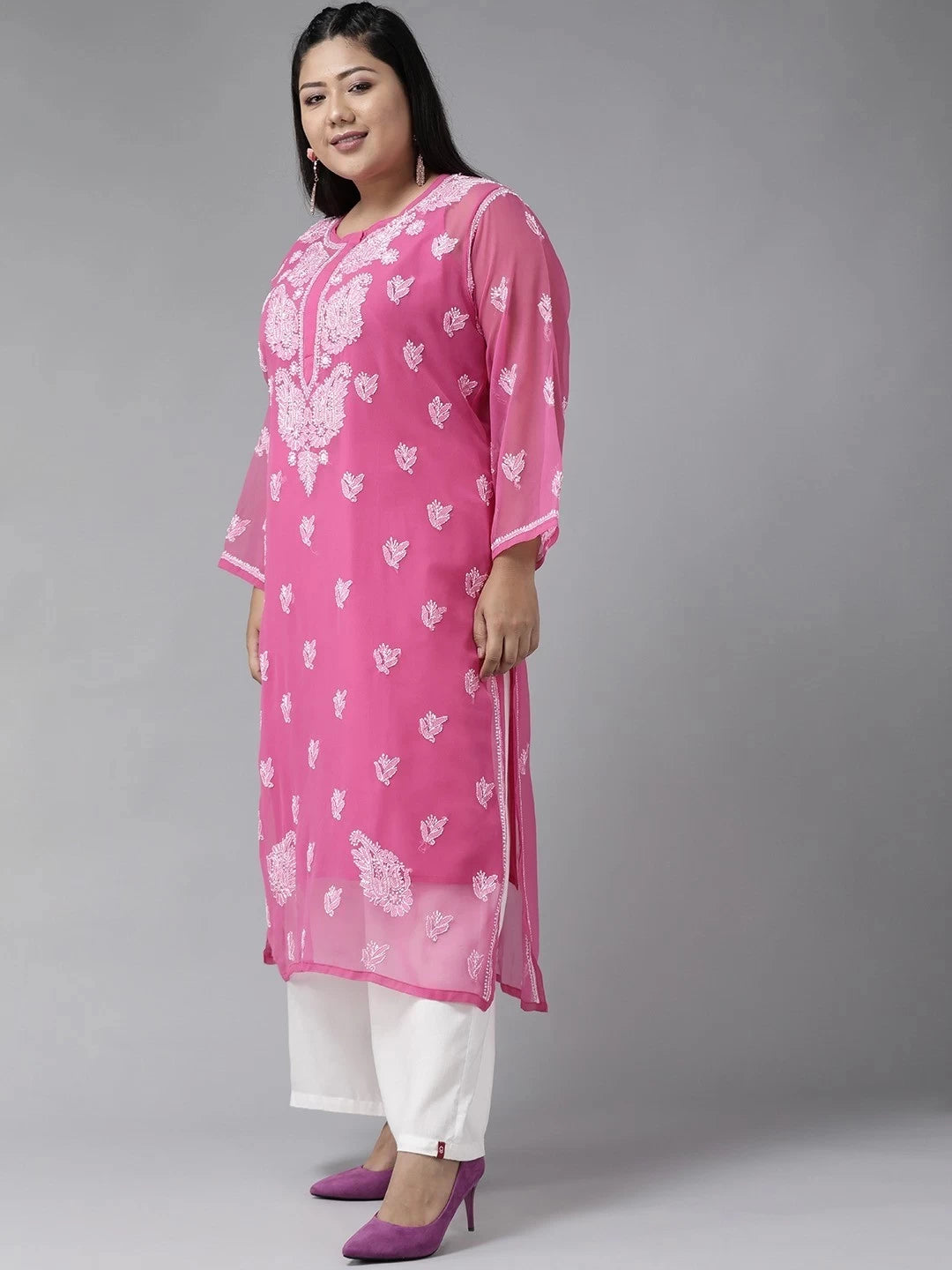 Ada Hand Embroidered Onion Pink Georgette Lucknowi Chikankari Straight Kurti With Slip A411159