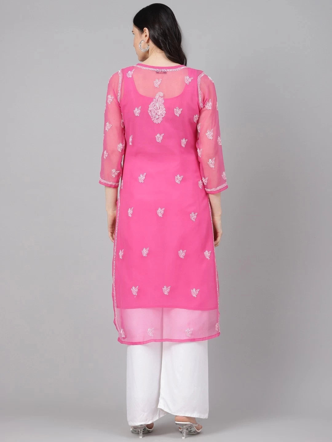Ada Hand Embroidered Onion Pink Georgette Lucknowi Chikankari Straight Kurti With Slip A411159