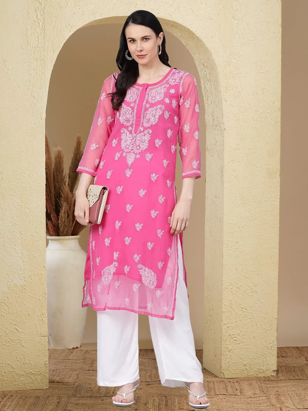 Ada Hand Embroidered Onion Pink Georgette Lucknowi Chikankari Straight Kurti With Slip A411159