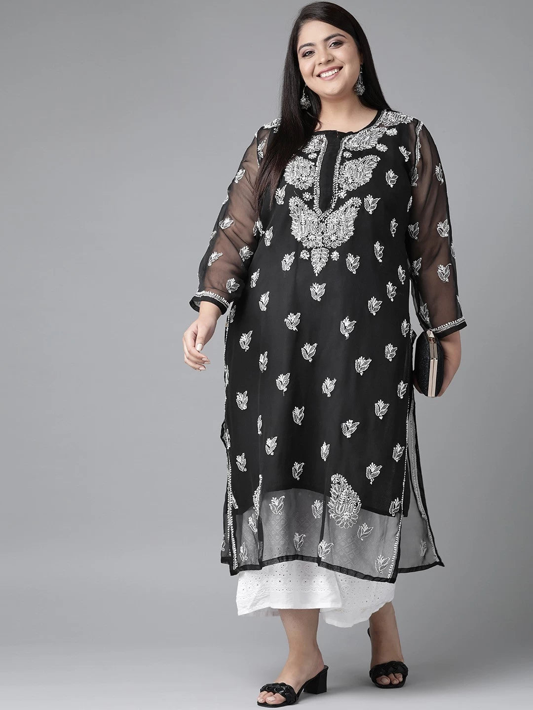 Ada Hand Embroidered Black Georgette Lucknowi Chikankari Straight Kurta With Slip A411129