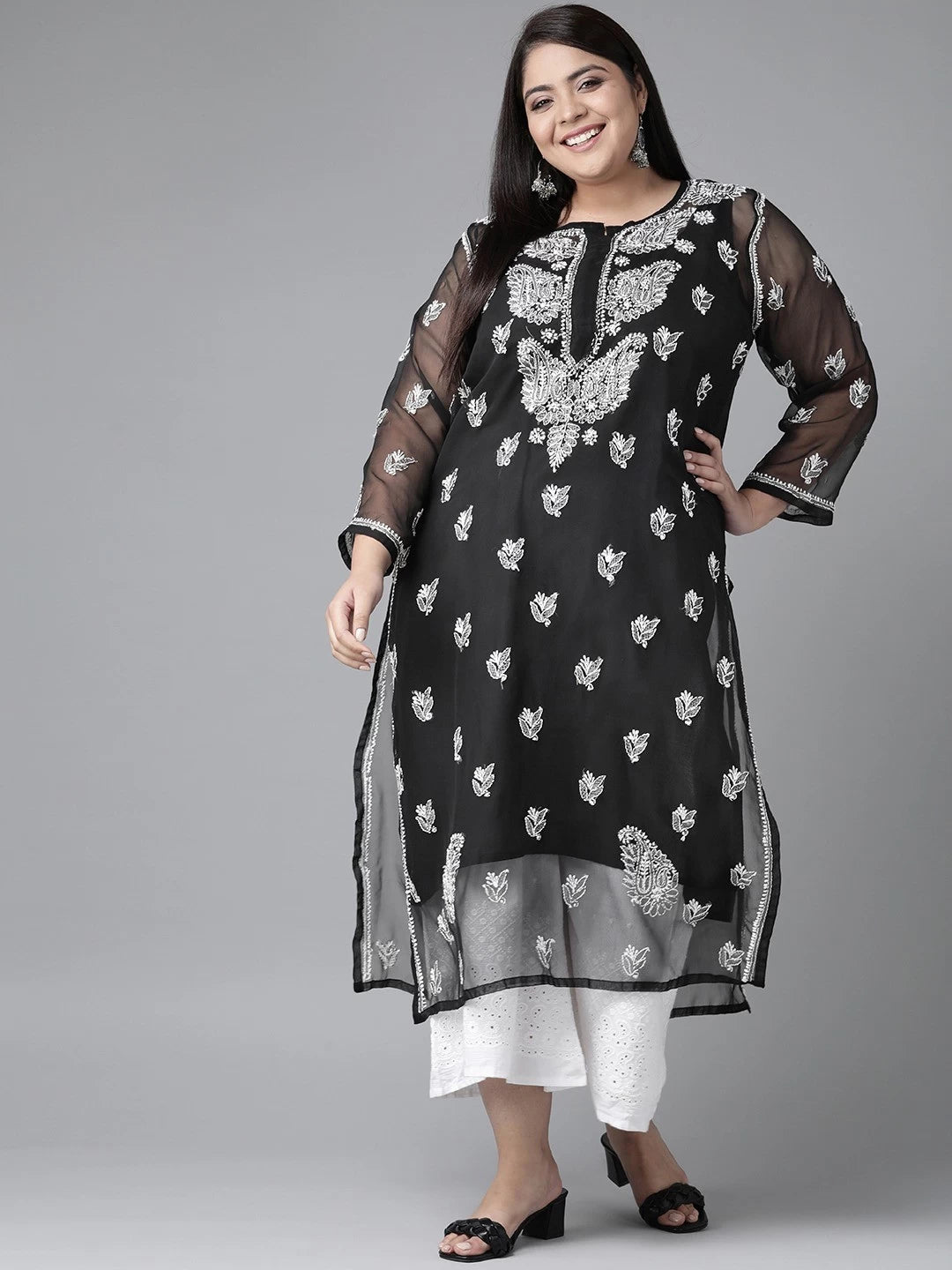 Ada Hand Embroidered Black Georgette Lucknowi Chikankari Straight Kurta With Slip A411129