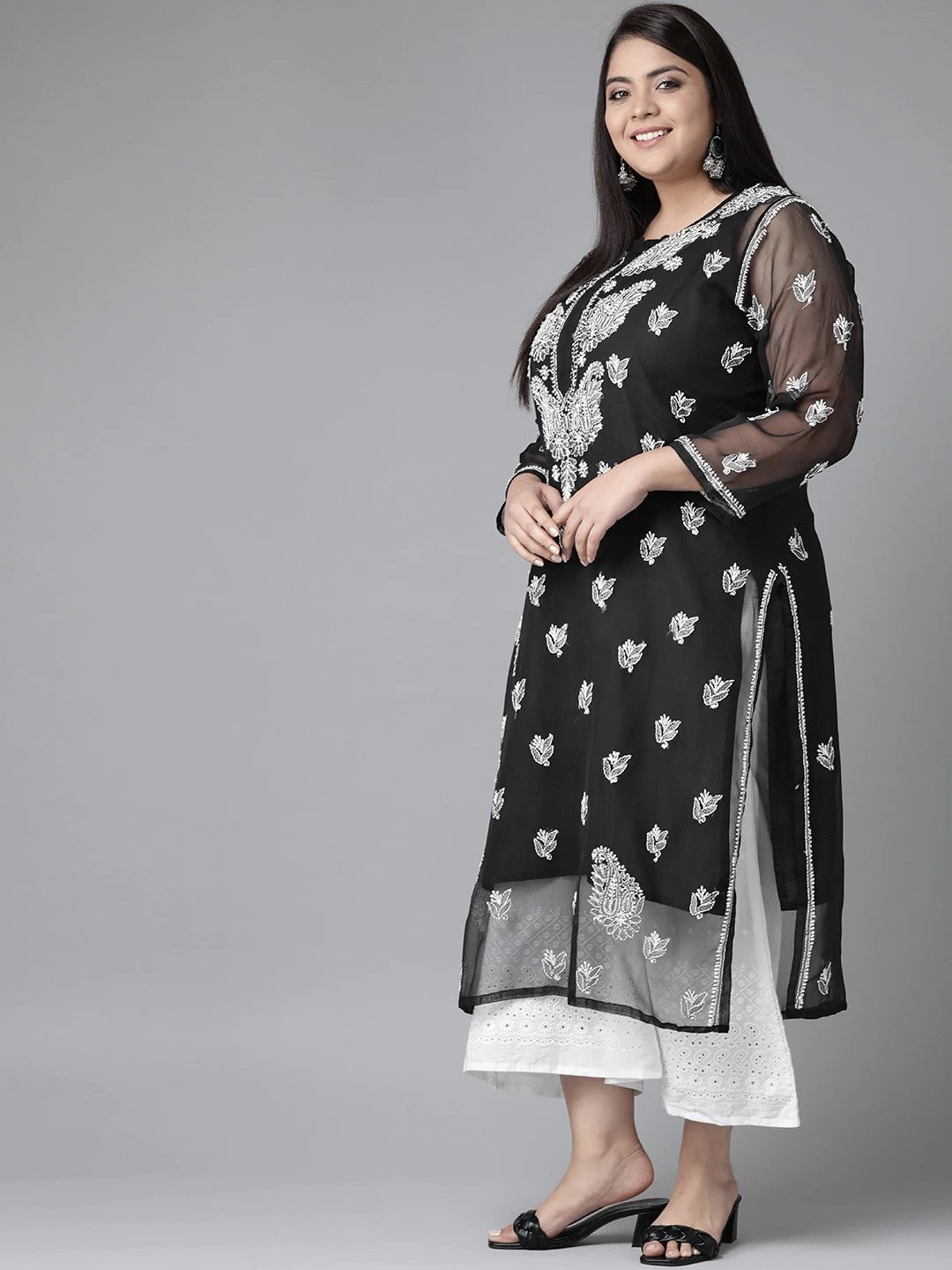 Ada Hand Embroidered Black Georgette Lucknowi Chikankari Straight Kurta With Slip A411129