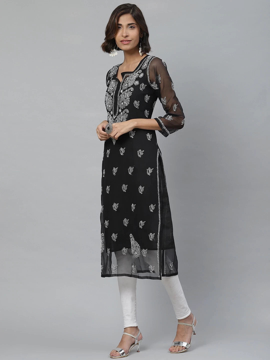 Ada Hand Embroidered Black Georgette Lucknowi Chikankari Straight Kurta With Slip A411129