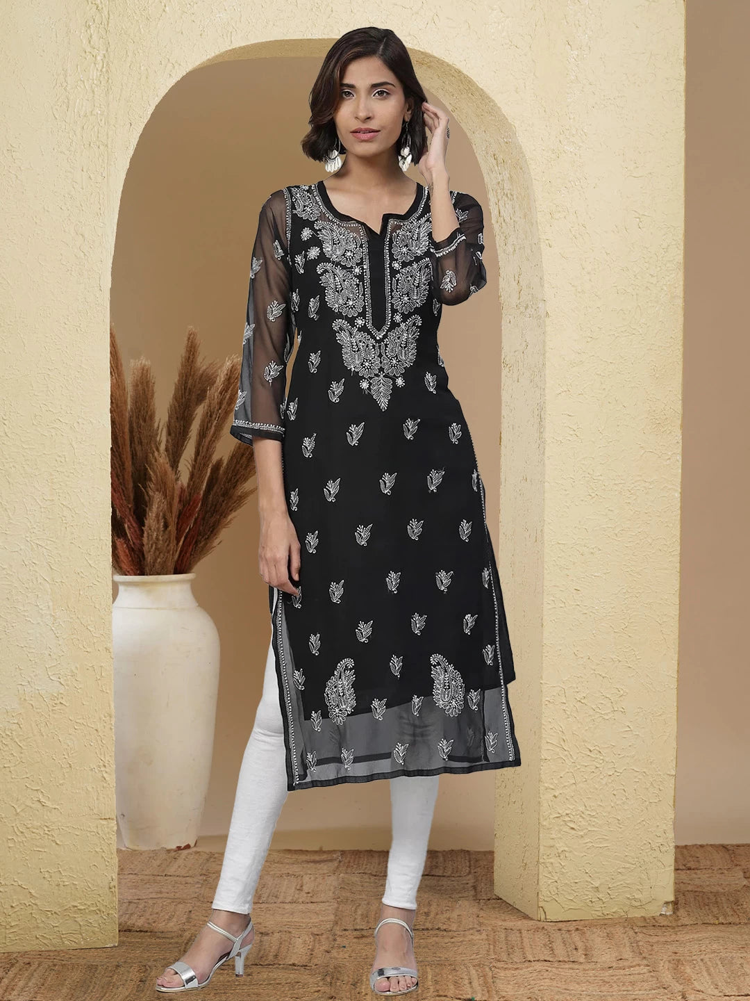 Ada Hand Embroidered Black Georgette Lucknowi Chikankari Straight Kurta With Slip A411129