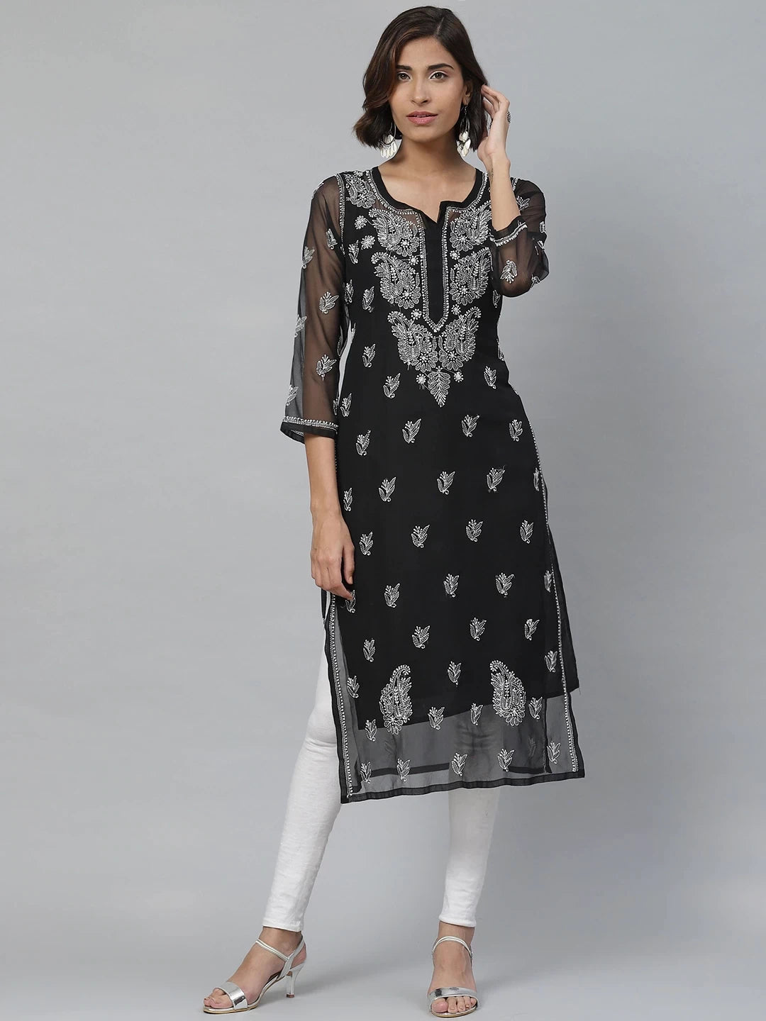 Ada Hand Embroidered Black Georgette Lucknowi Chikankari Straight Kurta With Slip A411129