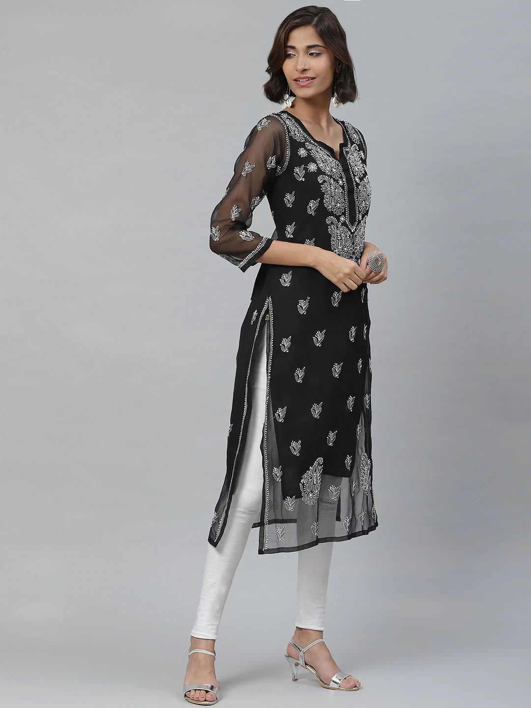 Ada Hand Embroidered Black Georgette Lucknowi Chikankari Straight Kurta With Slip A411129