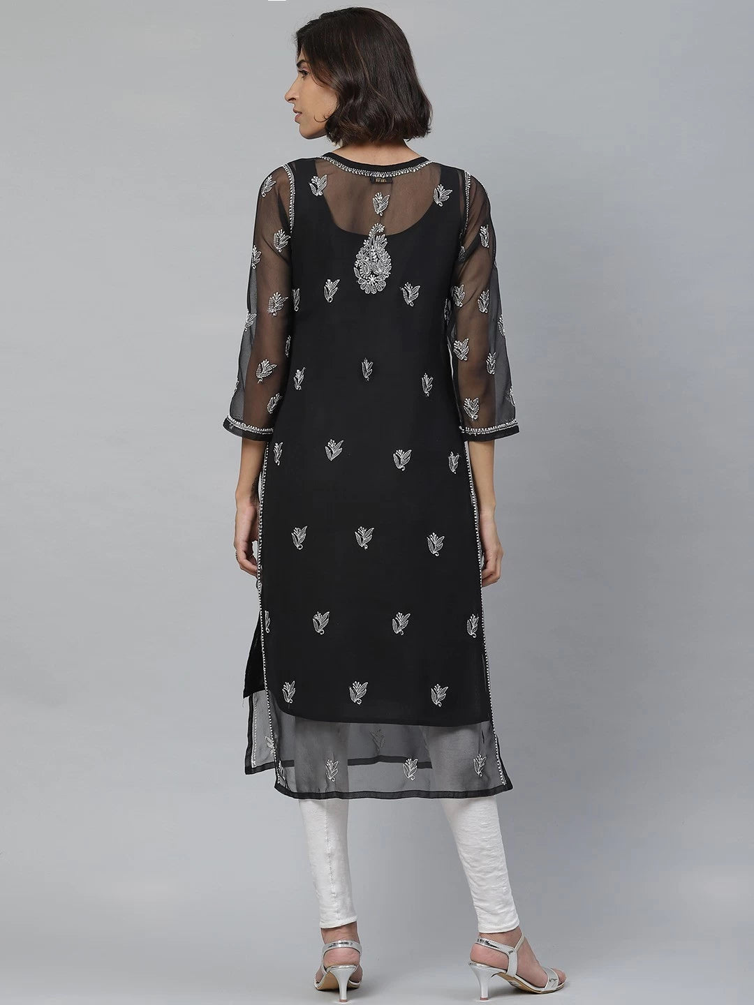 Ada Hand Embroidered Black Georgette Lucknowi Chikankari Straight Kurta With Slip A411129