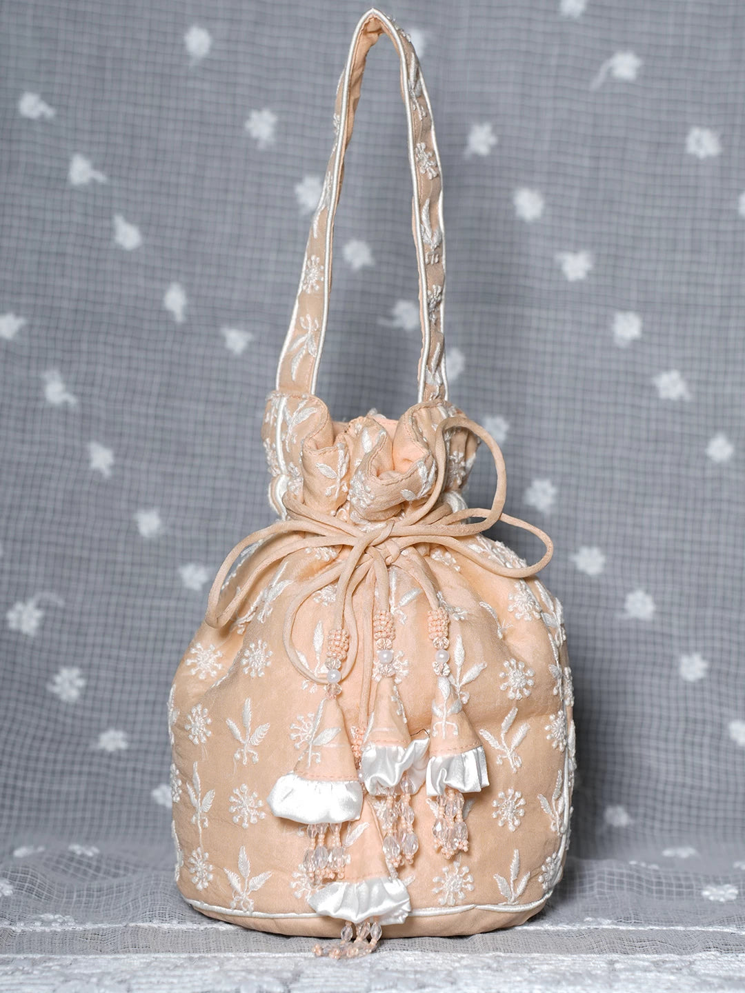 Ada Hand Embroidered Peach Chanderi Lucknowi Chikankari Potli Bag 0A1465675