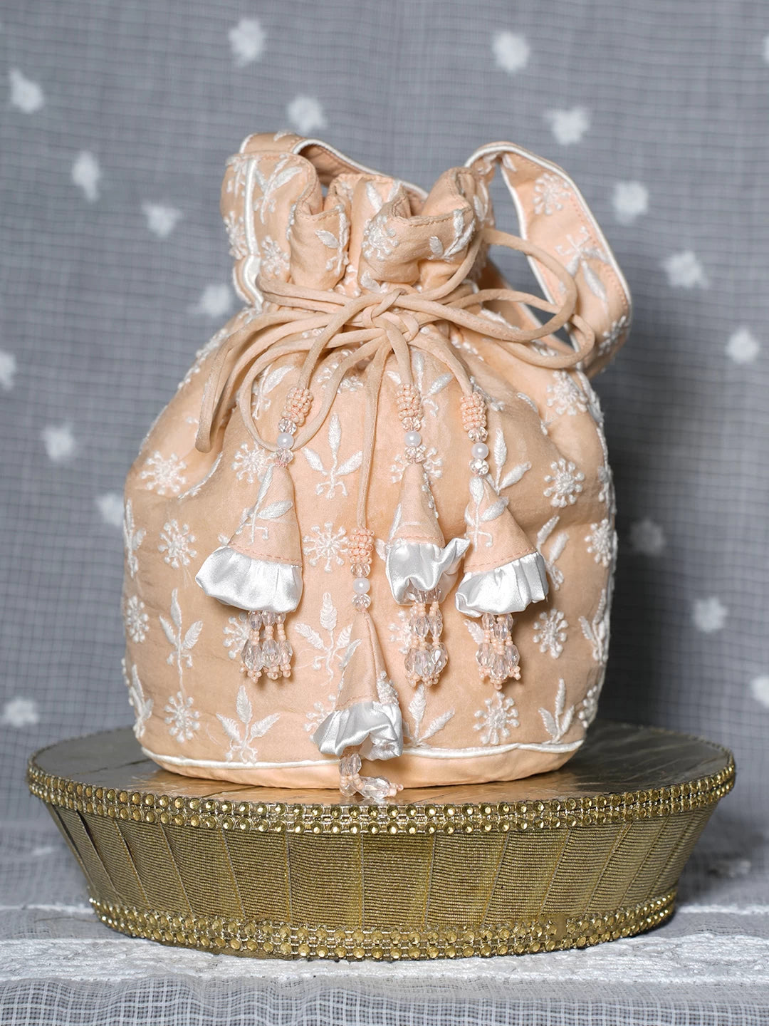 Ada Hand Embroidered Peach Chanderi Lucknowi Chikankari Potli Bag 0A1465675