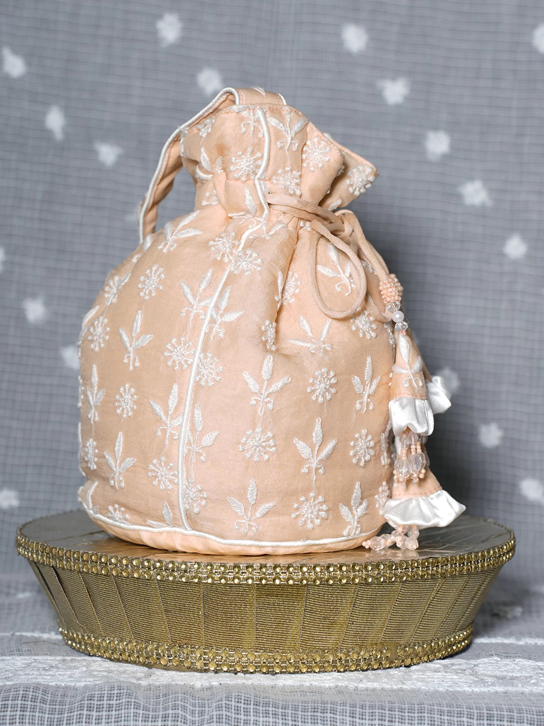 Ada Hand Embroidered Peach Chanderi Lucknowi Chikankari Potli Bag 0A1465675