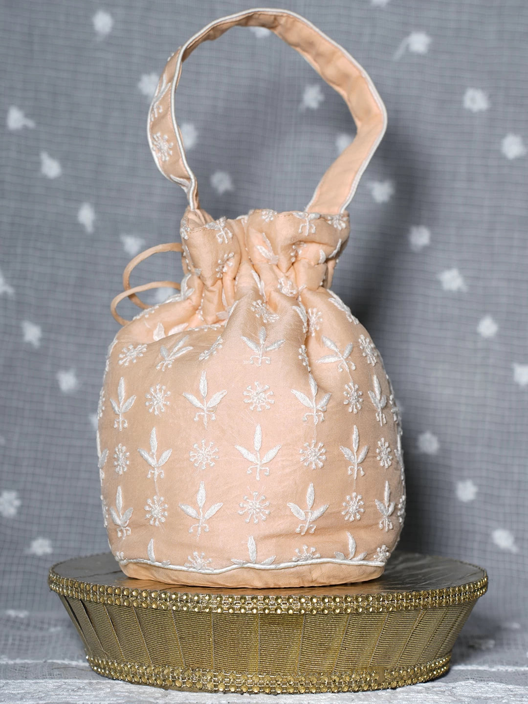 Ada Hand Embroidered Peach Chanderi Lucknowi Chikankari Potli Bag 0A1465675