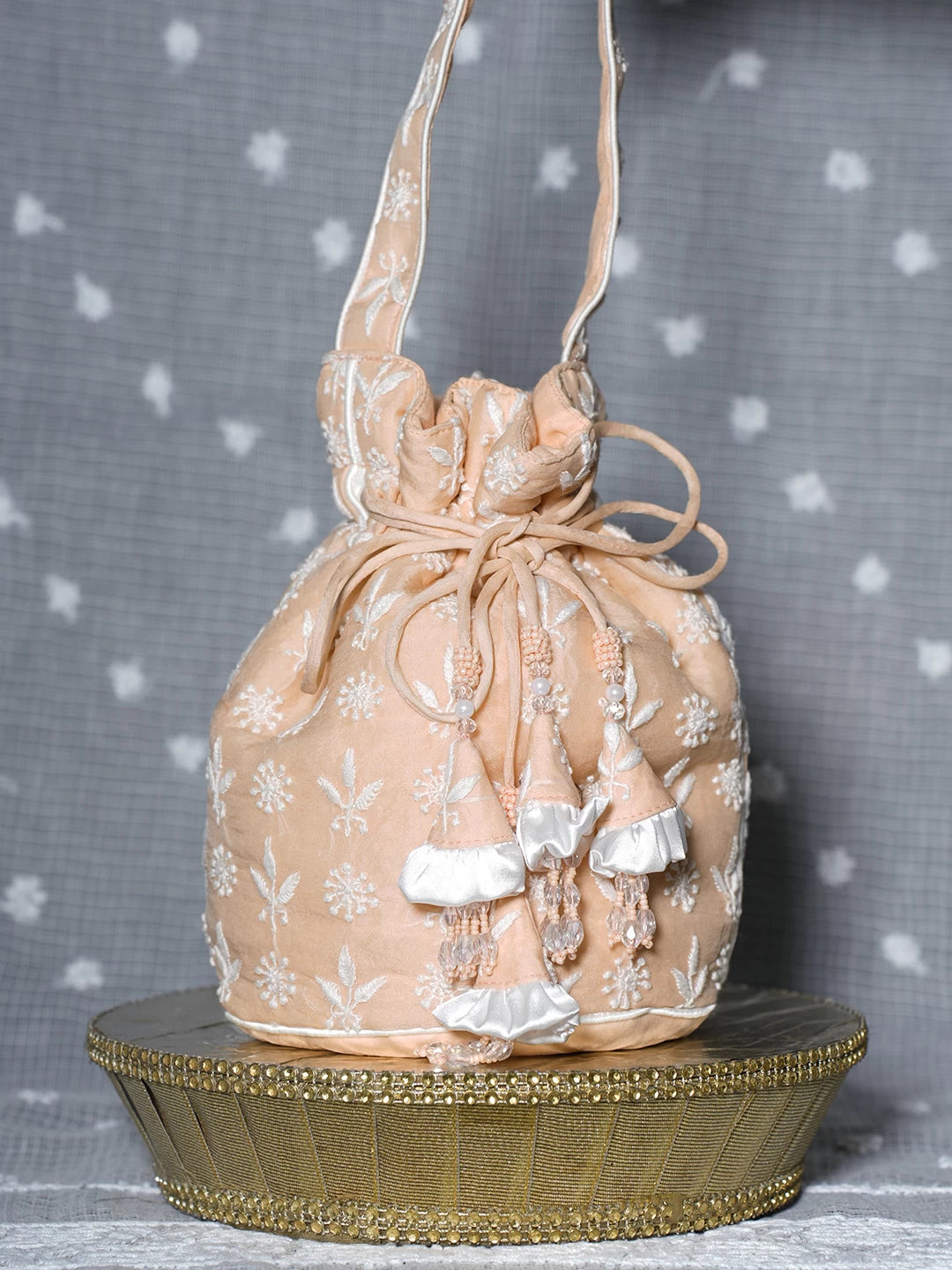 Ada Hand Embroidered Peach Chanderi Lucknowi Chikankari Potli Bag 0A1465675