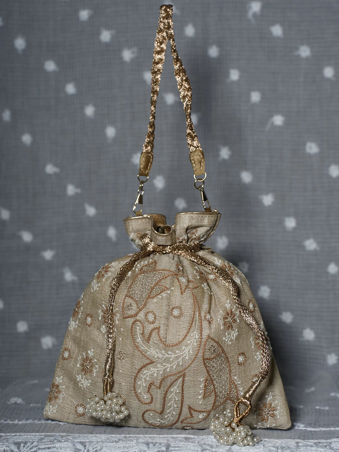 Ada Hand Embroidered Natural Fawn Silk Lucknowi Chikankari Potli Bag With Zari Work 01A506753