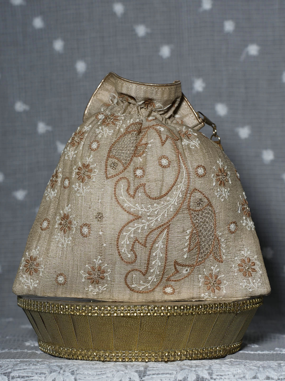 Ada Hand Embroidered Natural Fawn Silk Lucknowi Chikankari Potli Bag With Zari Work 01A506753