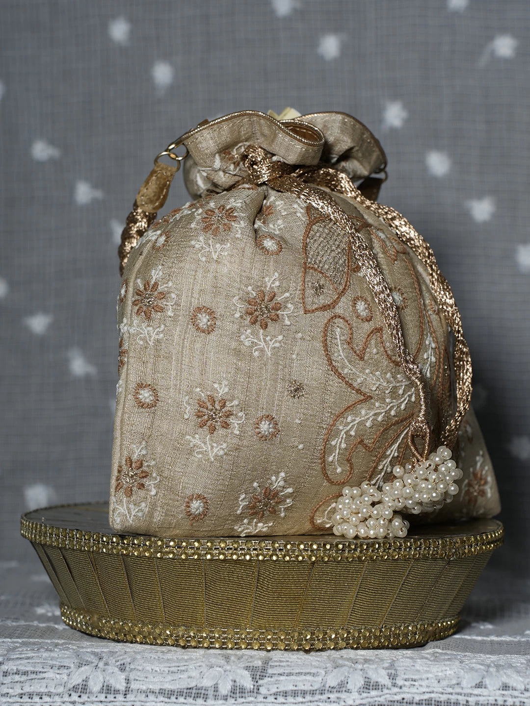 Ada Hand Embroidered Natural Fawn Silk Lucknowi Chikankari Potli Bag With Zari Work 01A506753