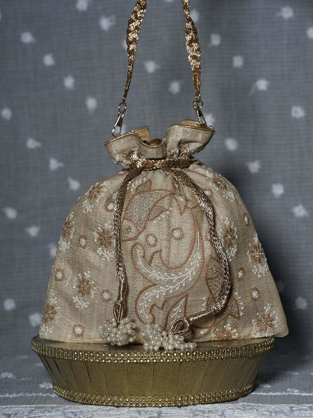Ada Hand Embroidered Natural Fawn Silk Lucknowi Chikankari Potli Bag With Zari Work 01A506753