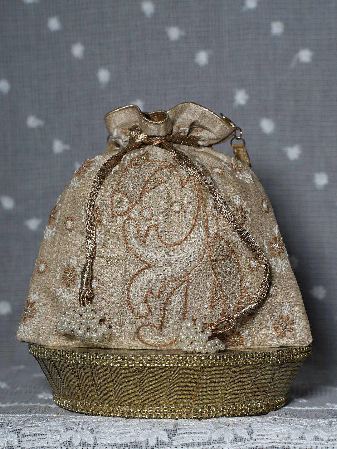 Ada Hand Embroidered Natural Fawn Silk Lucknowi Chikankari Potli Bag With Zari Work 01A506753