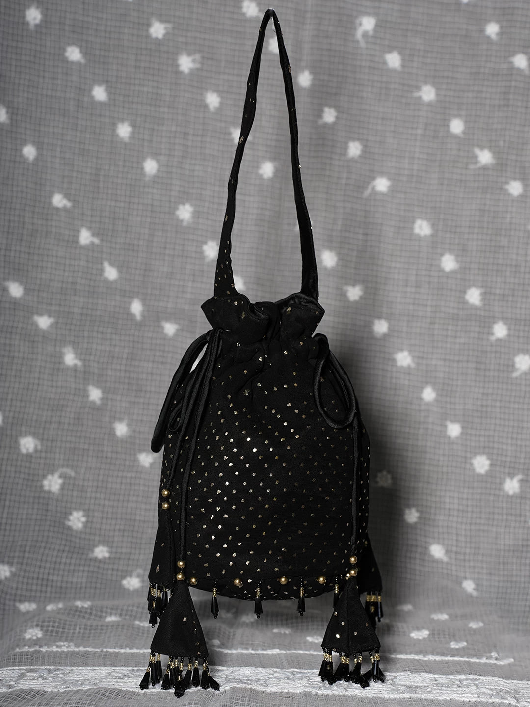 Ada Hand Embroidered Black Viscose Georgette Lucknowi Chikankari Potli Bag With Muqaish Work 01A505236