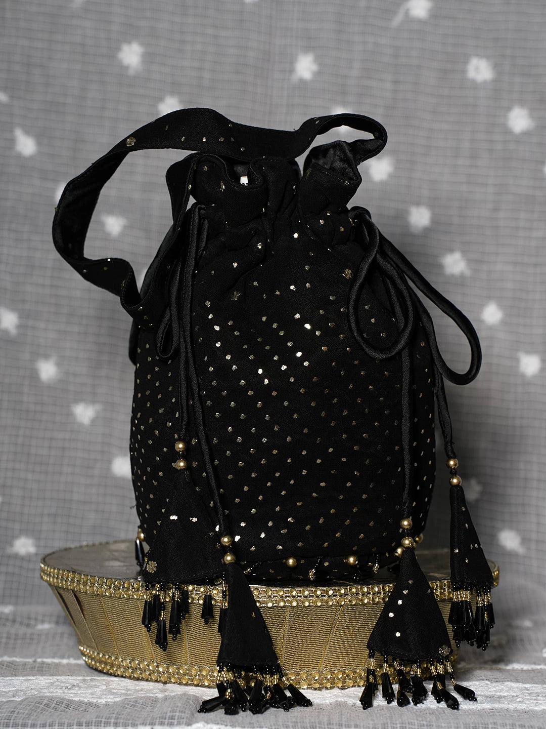 Ada Hand Embroidered Black Viscose Georgette Lucknowi Chikankari Potli Bag With Muqaish Work 01A505236