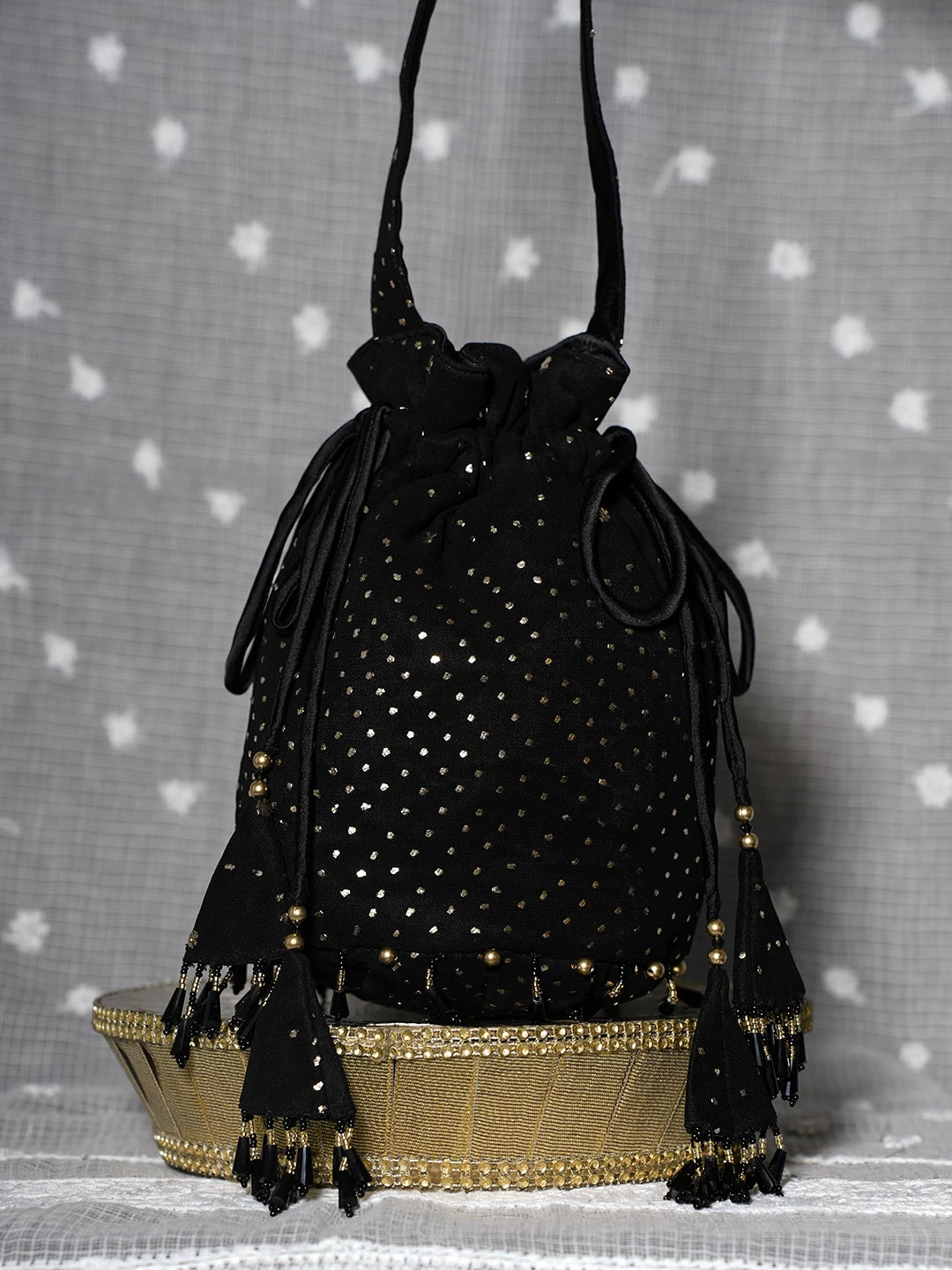 Ada Hand Embroidered Black Viscose Georgette Lucknowi Chikankari Potli Bag With Muqaish Work 01A505236