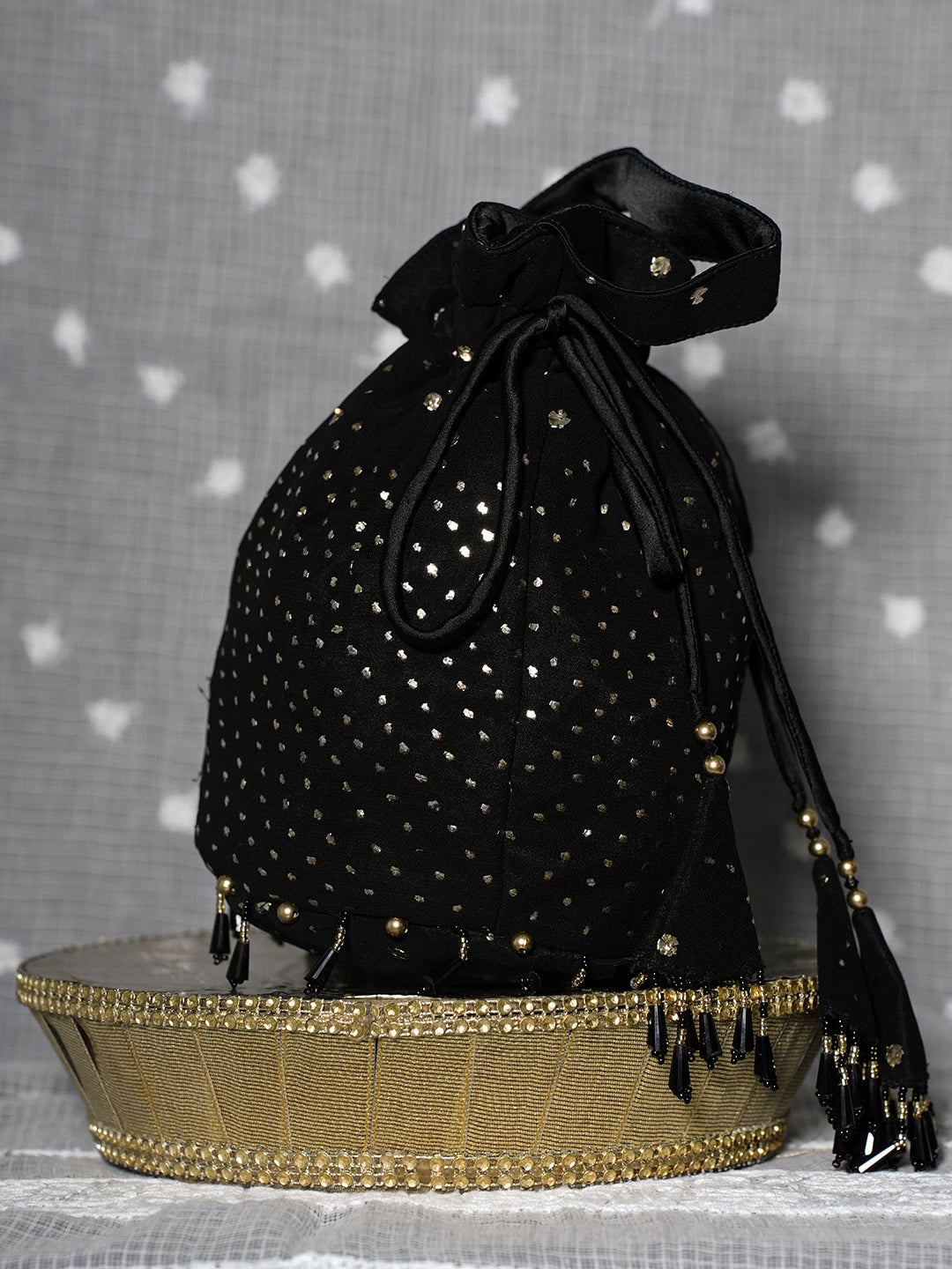 Ada Hand Embroidered Black Viscose Georgette Lucknowi Chikankari Potli Bag With Muqaish Work 01A505236