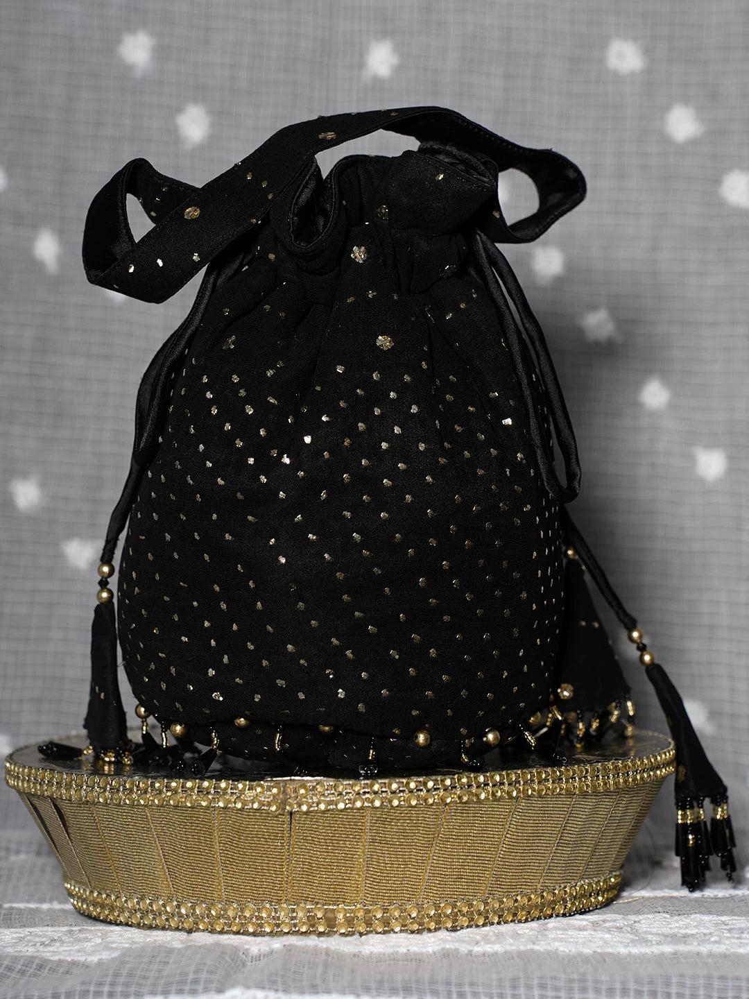Ada Hand Embroidered Black Viscose Georgette Lucknowi Chikankari Potli Bag With Muqaish Work 01A505236