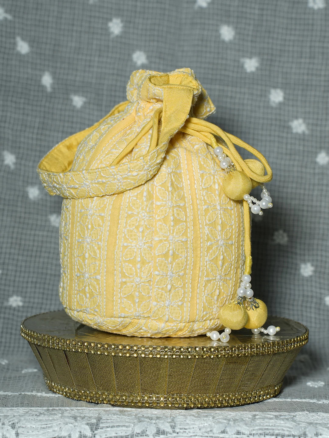 Ada Hand Embroidered Yellow Cotton Lucknowi Chikankari Potli Bag With Pearl Work 01A500910