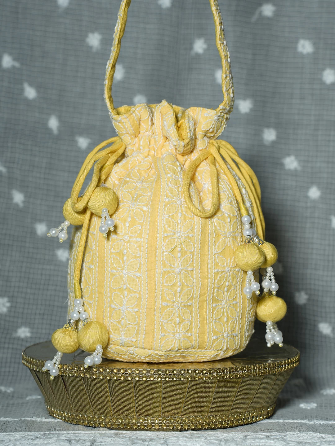 Ada Hand Embroidered Yellow Cotton Lucknowi Chikankari Potli Bag With Pearl Work 01A500910