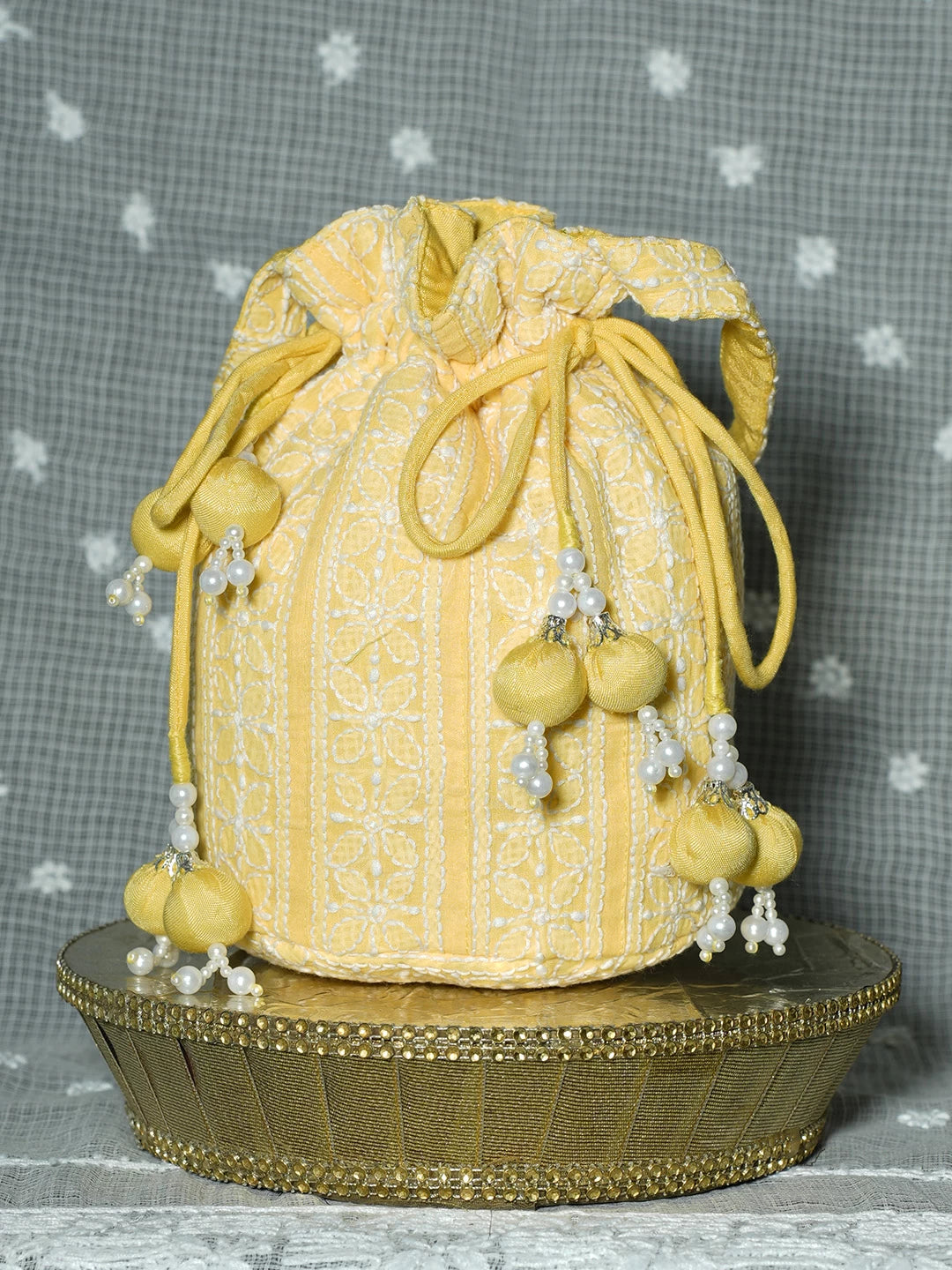 Ada Hand Embroidered Yellow Cotton Lucknowi Chikankari Potli Bag With Pearl Work 01A500910