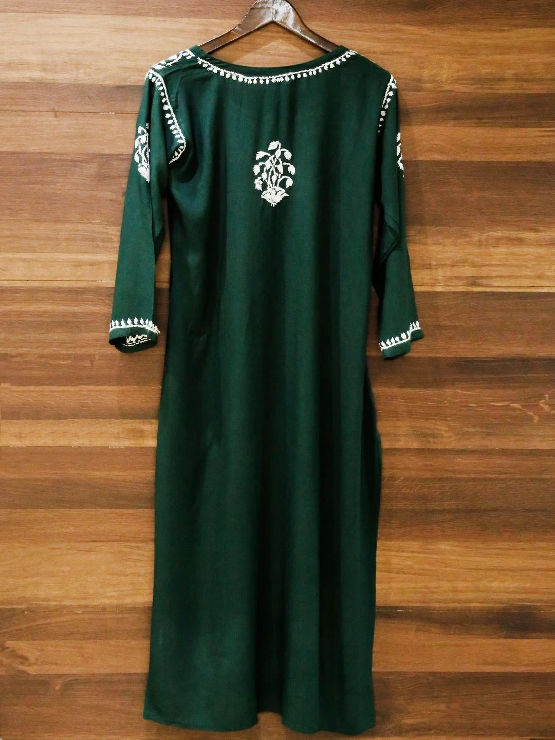 Ada Hand Embroidered Bottle Green Rayon Lucknowi Chikankari Straight Kurta A411524