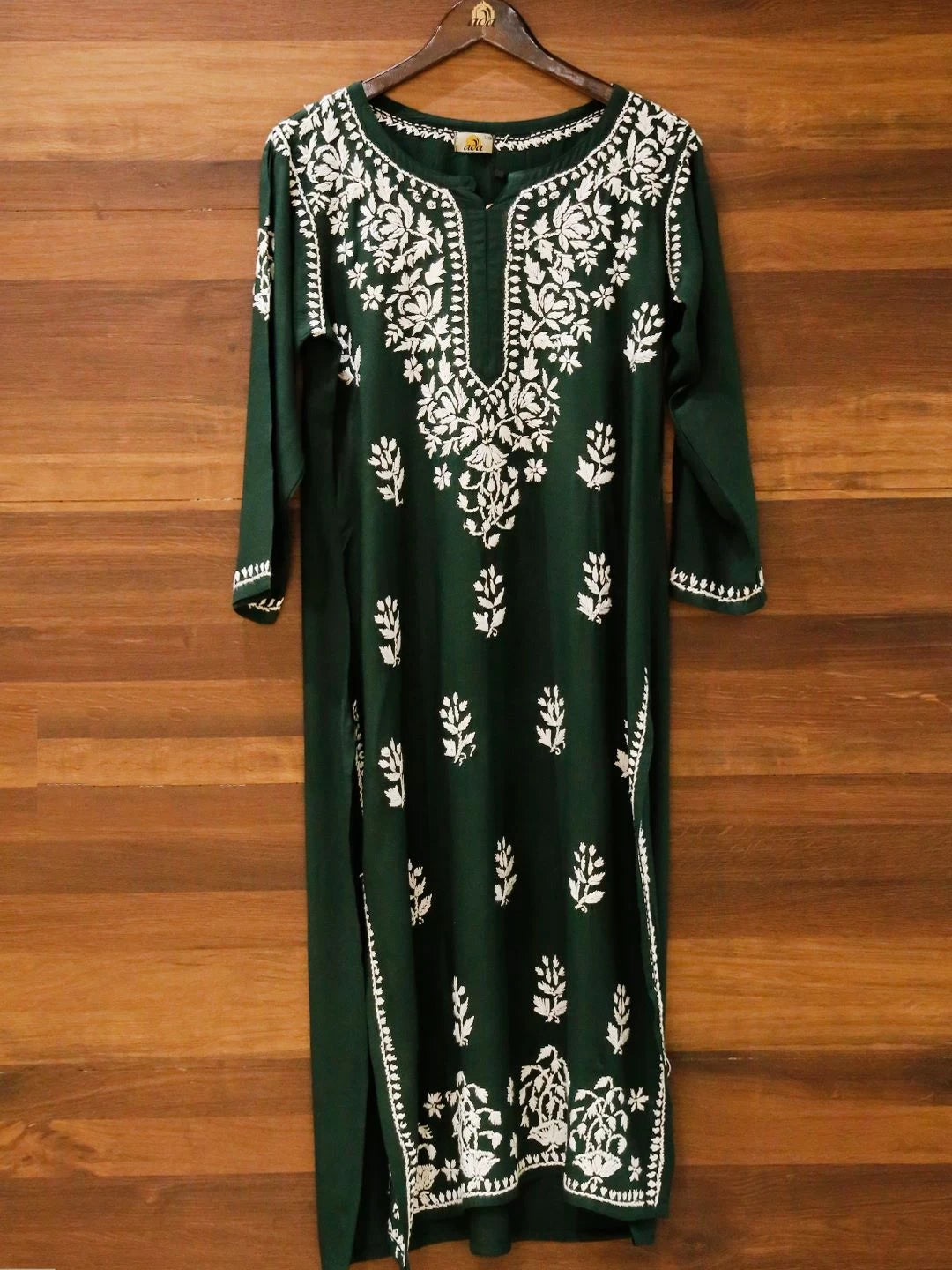 Ada Hand Embroidered Bottle Green Rayon Lucknowi Chikankari Straight Kurta A411524