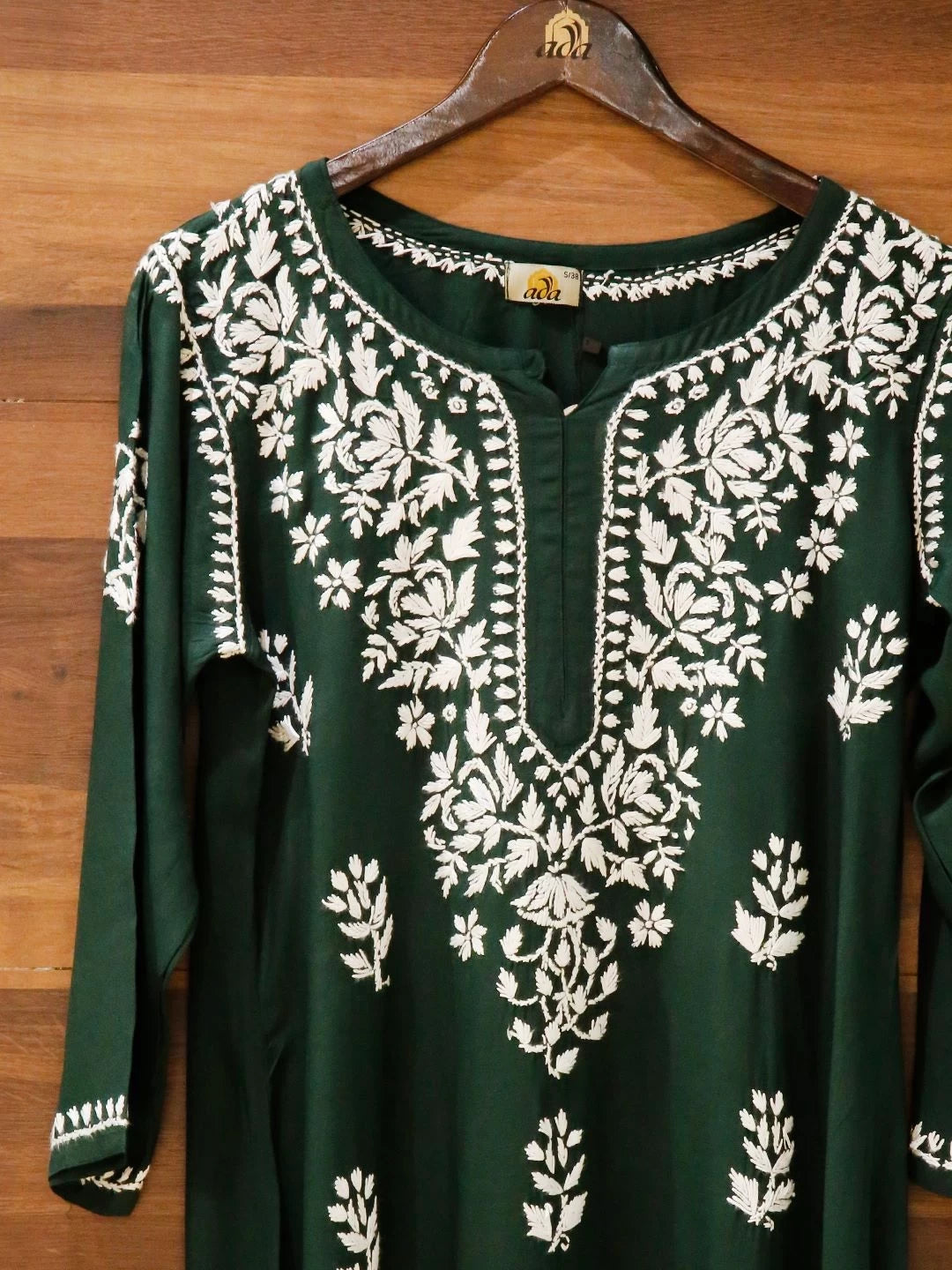 Ada Hand Embroidered Bottle Green Rayon Lucknowi Chikankari Straight Kurta A411524