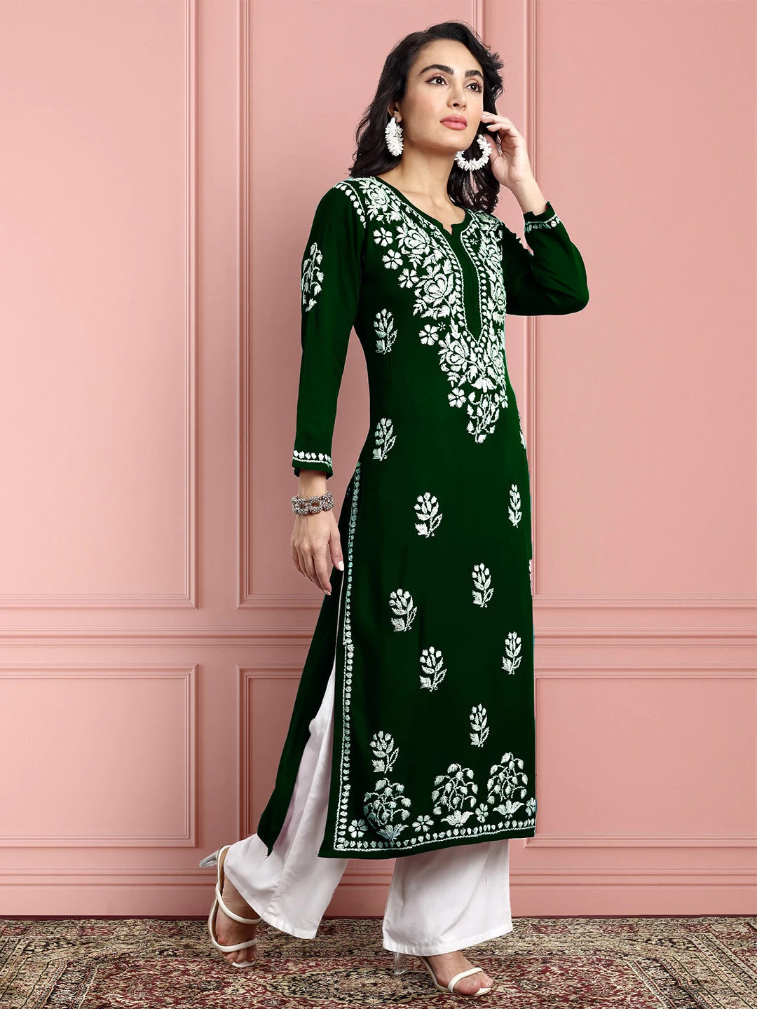 Ada Hand Embroidered Bottle Green Rayon Lucknowi Chikankari Straight Kurta A411524
