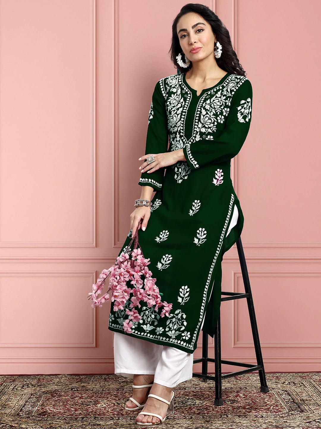 Ada Hand Embroidered Bottle Green Rayon Lucknowi Chikankari Straight Kurta A411524