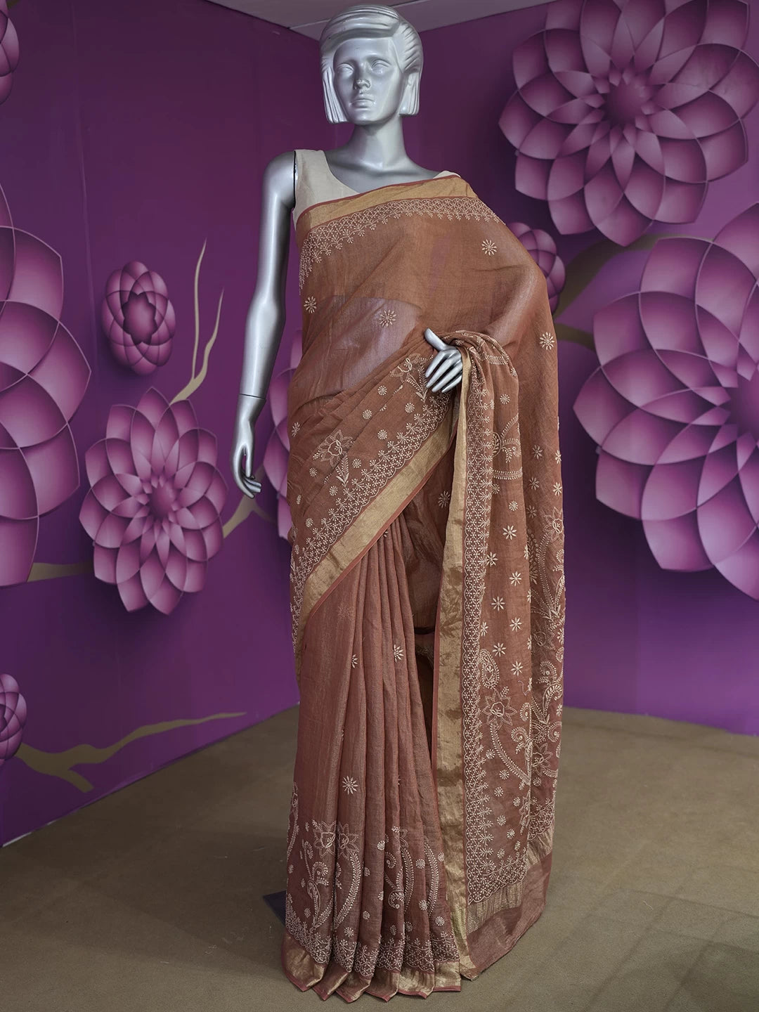 Ada Hand Embroidered Rust Tissue Lucknowi Chikankari Saree With Blouse 01A265927