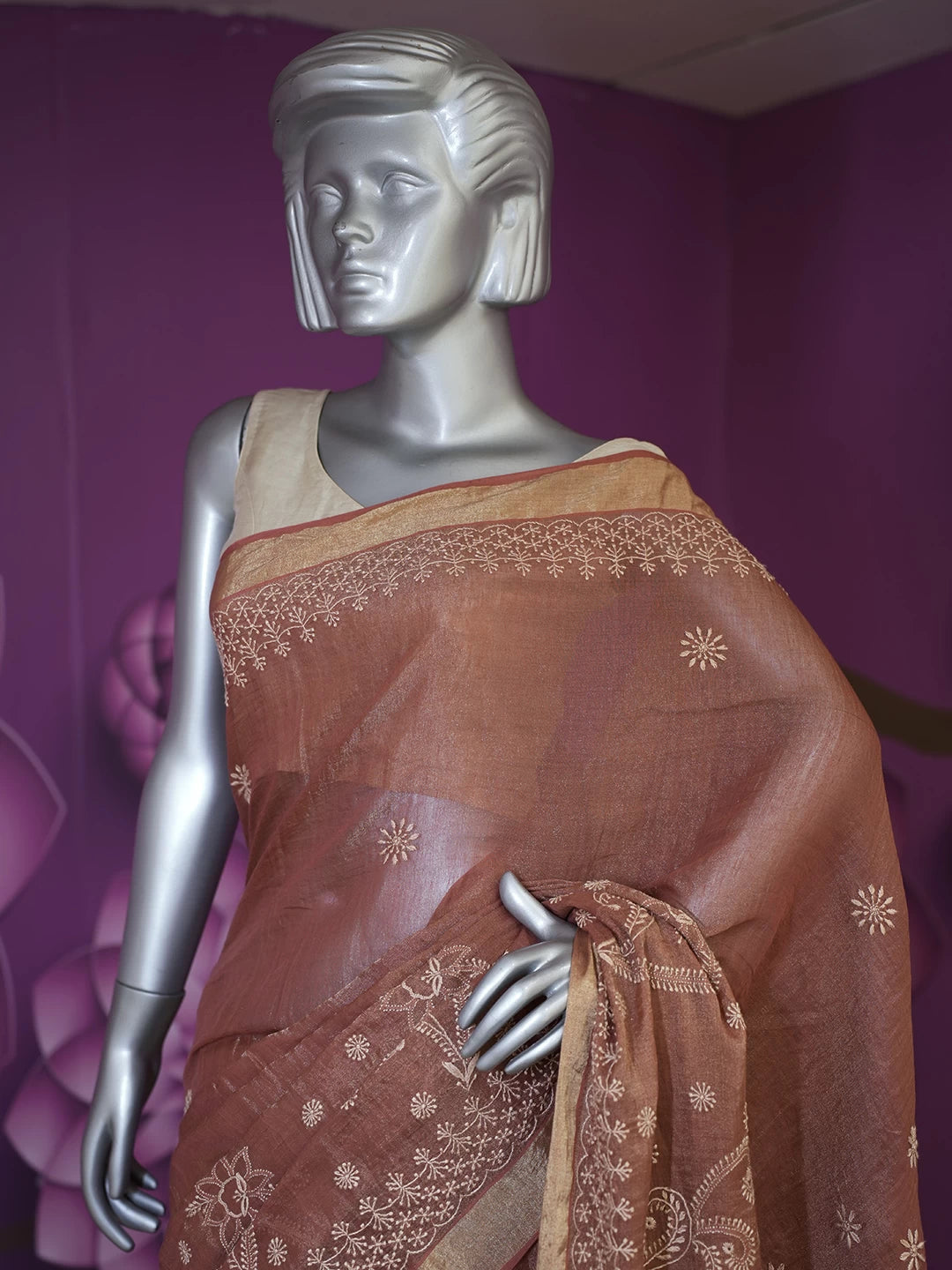 Ada Hand Embroidered Rust Tissue Lucknowi Chikankari Saree With Blouse 01A265927