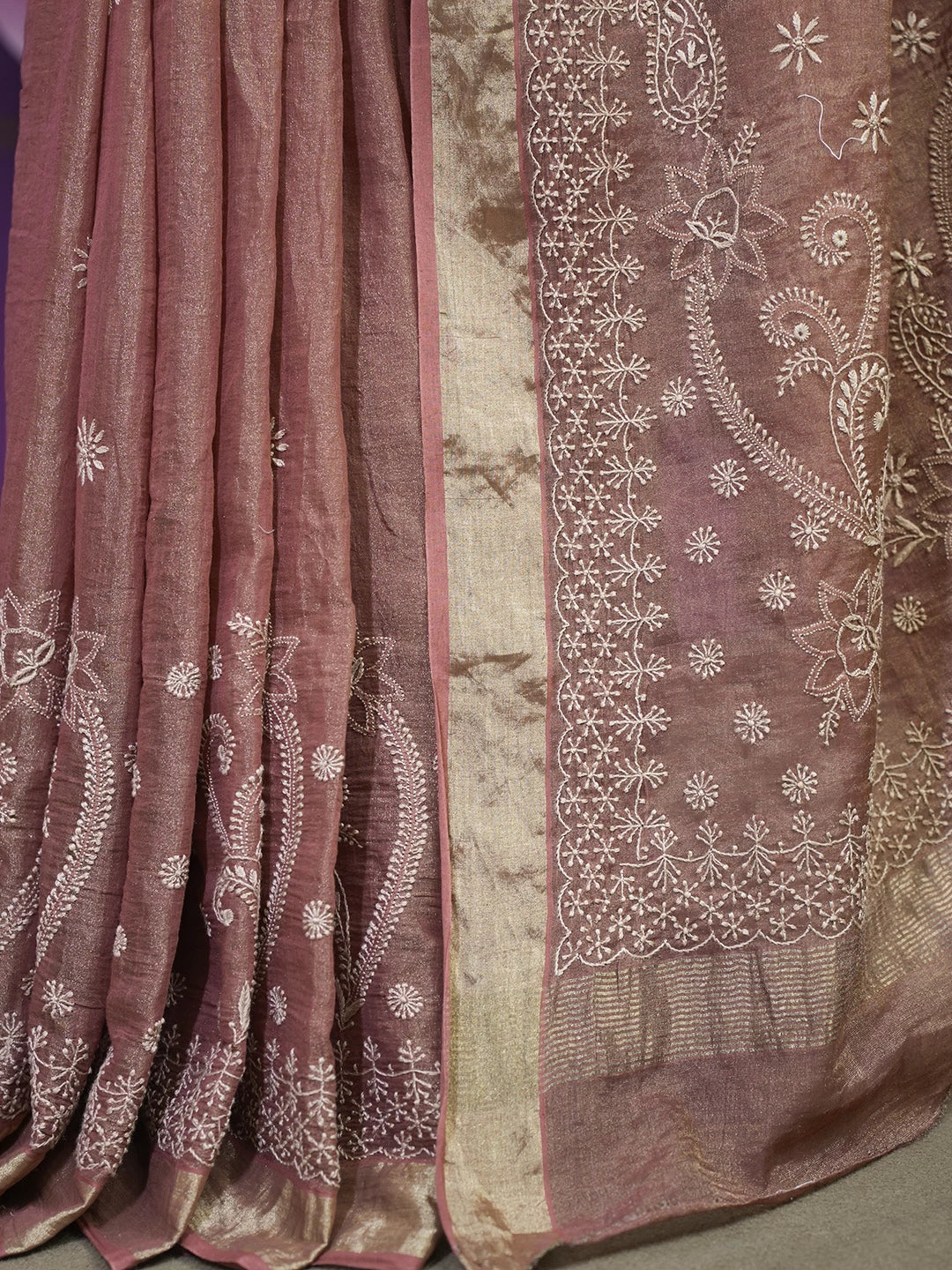 Ada Hand Embroidered Rust Tissue Lucknowi Chikankari Saree With Blouse 01A265927