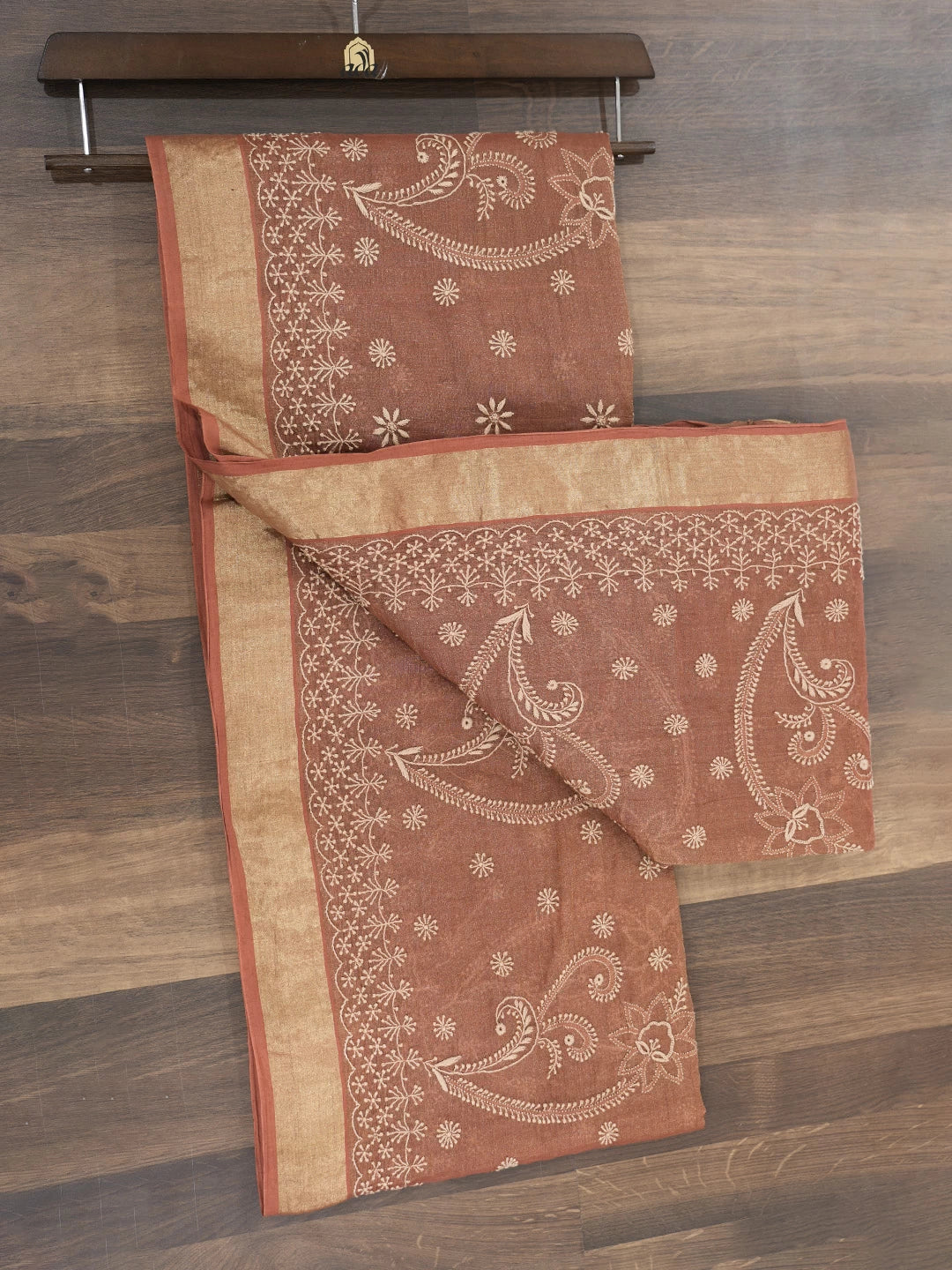 Ada Hand Embroidered Rust Tissue Lucknowi Chikankari Saree With Blouse 01A265927