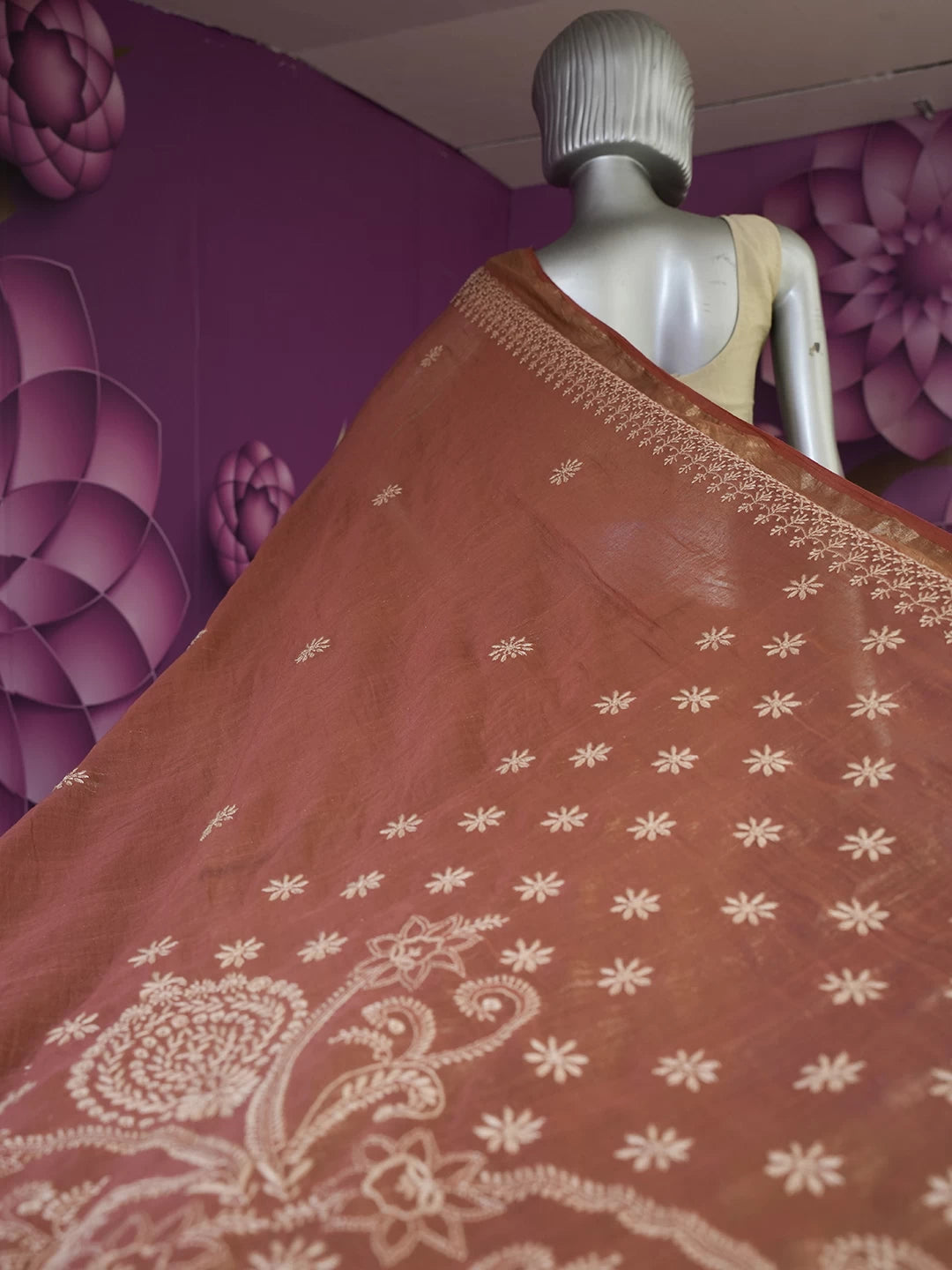 Ada Hand Embroidered Rust Tissue Lucknowi Chikankari Saree With Blouse 01A265927
