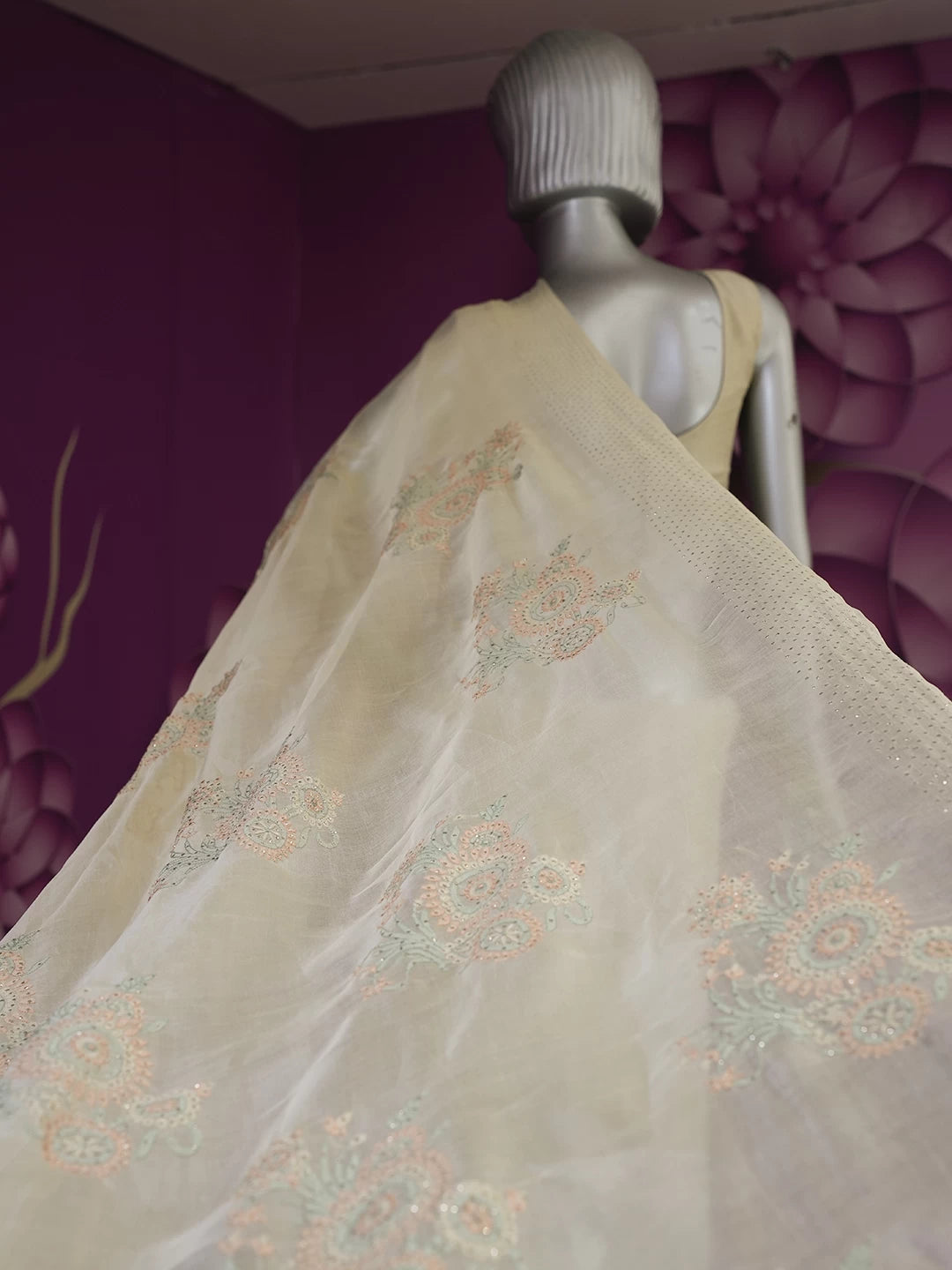 Ada Hand Embroidered Beige Organza Lucknowi Chikankari Saree With Blouse And Mukaish Work 01A512133